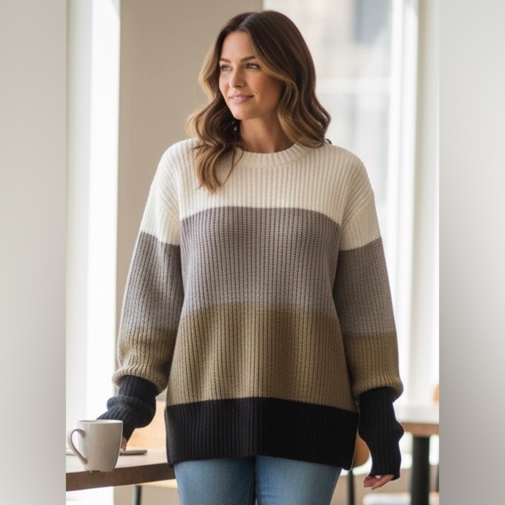 NWOT Boyfriend Sweater Womens Size L Oversized Color Block Knit Pullover Neutral